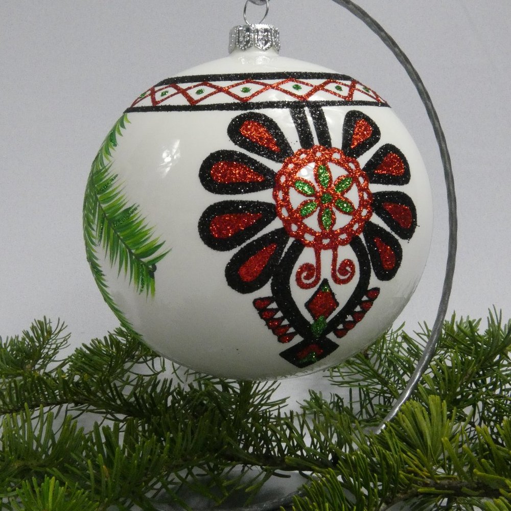 "POLISH GALLERY" Polish Folk Art Christmas Ornament Hand Made Glass Ball 5 In